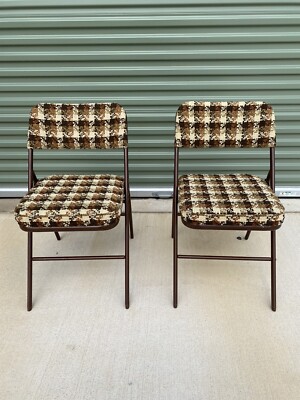 2 Vintage 1979 Samsonite Padded Tweed Houndstooth Folding Chairs
