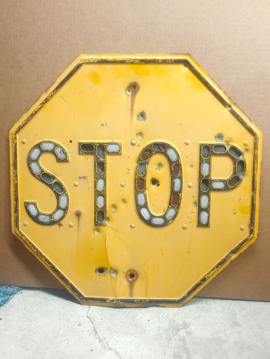 Vintage Yellow Stop Sign w/ Oval Shape Reflectors - Some Missing