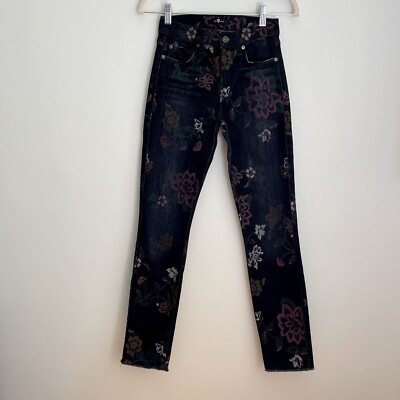 NWOT 7 For All Mankind Dark Rinse Roxanne Ankle Raw Hem Floral Skinny Jeans, 24