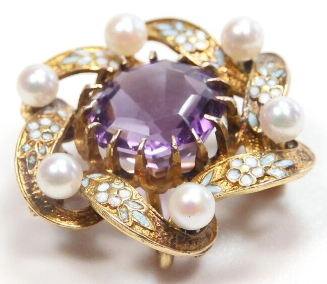 Antiguo pasador de amatista Art Deco 18KY esmalte perla con gancho para colgar 0,78 x 0,76" 3,3 Gm Foto 2 de 4