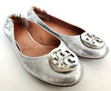 Tory Burch Minnie Womens Size 8M Silver Walking Slip On Casual Ballet Flat Shoes