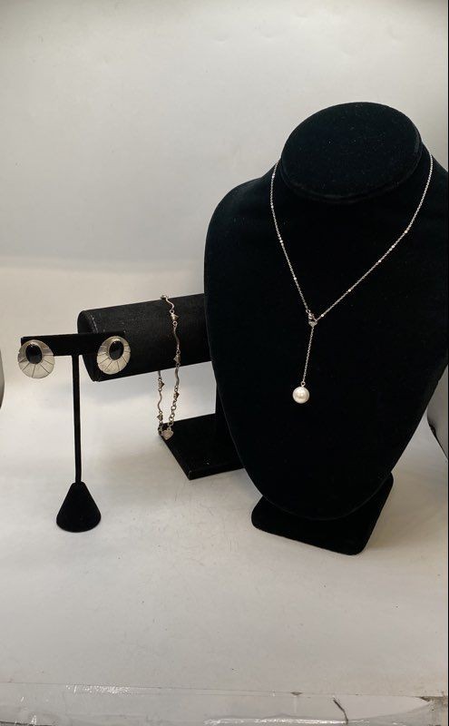 Sterling Silver 925 Onyx Faux Pearl Jewelry Lot Necklace Bracelet Earrings 3pc