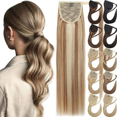 Clip In on Ponytail Hair Extensions 100% Remy Human Hair Double Weft Wrap Around