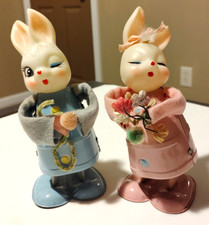 Qty 2 1950's Windup Mechanical Tin Bunny Dolls Blue Pink  Japan Antique