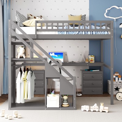Full Size Loft Bed with Two Chest of Drawers, Desk and Light Strip, Gray