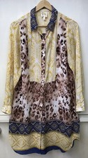 Fig & Flower BOHO Semi Print Sheer Button Down Shirt Dress Women's Yellow/Blue M