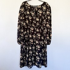 Cottagecore Floral Midi Dress Womens XL Black Elastic Waist Long Sleeve A-Line