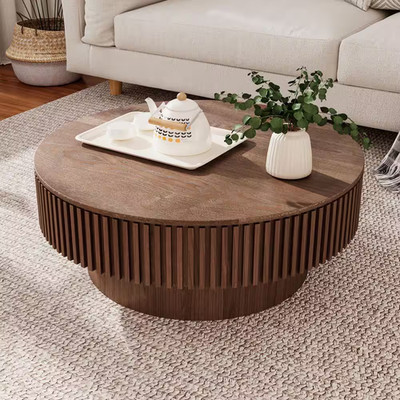 Leigh 31.5 In. Brown round MDF Wood Coffee Table with Storage, Fluted Design, Wa