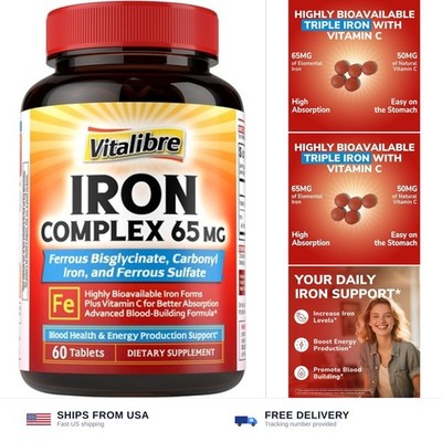 Iron Supplement, 3-in-1 65mg Iron Complex Ferrous Bisglycinate, Sulfate, Carb...