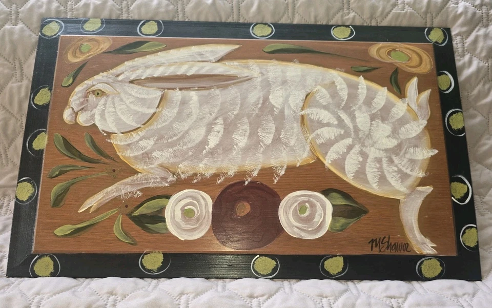 Arte popular primitivo conejo conejito liebre pintura artista contemporáneo M. Shaw 02 Foto 2 de 4