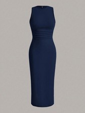 Sexy Ruched Waist Tank Dress Backless Split Thigh Bodycon Maxi Party Club