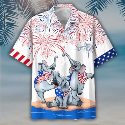 Cute Elephant American Aloha Hawaiian Shirts For Summer Happy Independence Day I