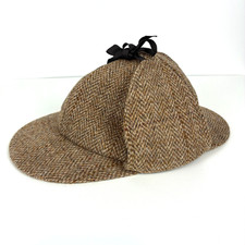 Vintage Tweed Deerstalker Hat Brown Wool Look Tie Top Large USA Union Made