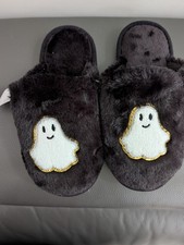 New Black/White Faux Fur Slip-On Ghost Halloween Slippers Size 5/6 S