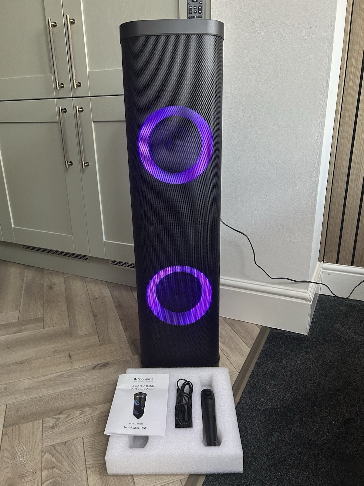 Goodmans 100W RMS Extra Bass  Party Speaker LED Mic Remote Bluetooth USB,
