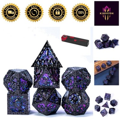 7PCS Metal DND Dice Set with Gift Box - Chain Border Design in Purple Sequin
