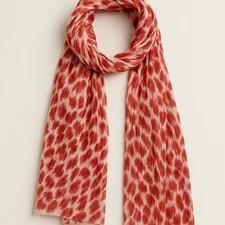 Pashmina Scarf Floral Shimmer Scrunch Raw Hem Red Tan