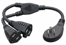 1 To 2 AC Power Y Splitter Cord  Angled Low-Profile Flat Plug 14" 13A 125V