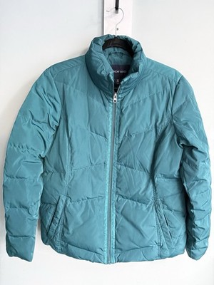 Lands End Women's Down Puffer Jacket Teal Green Chevron Quilted Full Zip sz med