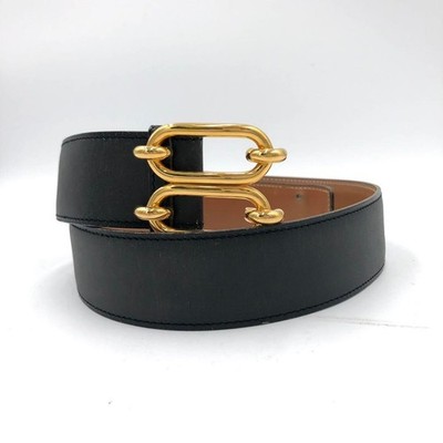 Hermes belt double buckle 85 engraved K leather black brown used