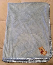 Walt Disney Winnie The Pooh Baby Blanket Blue Satin Side  Trim 28 X 38