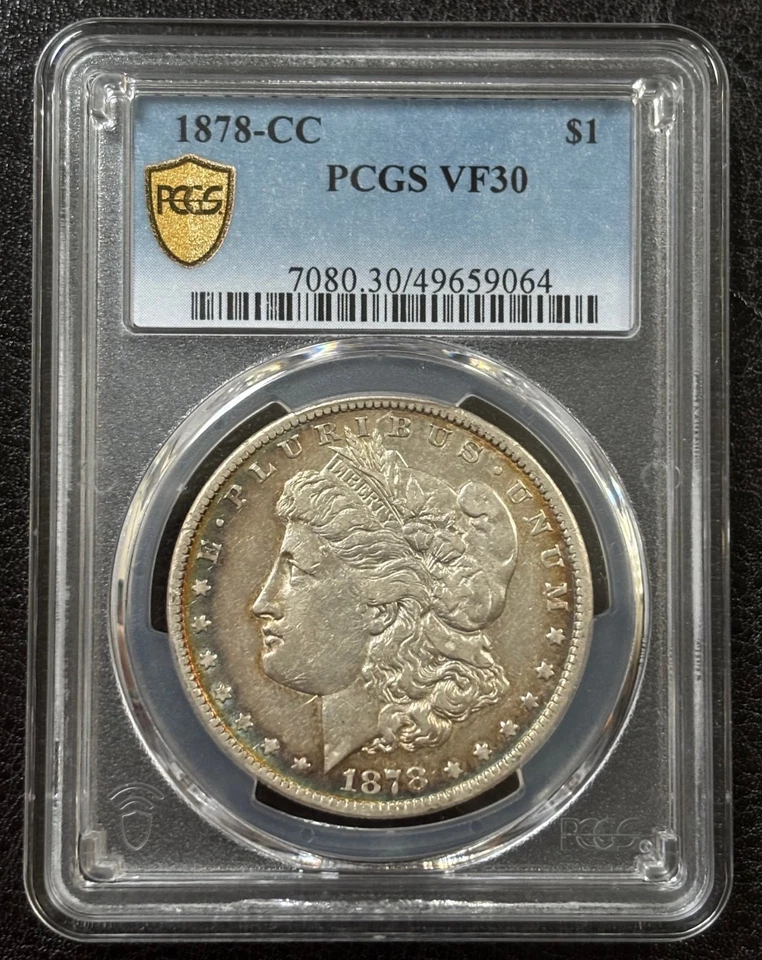 Beautiful Rainbow Edge Toning-1878 CC Morgan Silver Dollar PCGS VF30-GOLD SHIELD - Image 2 of 4