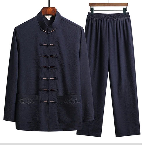Men Chinese Tang Suit Tai Chi Set Kung Fu Long Sleeve Shirt Pant Uniform 2 Piece - Bild 18 von 31