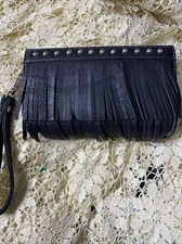 Boot Barn Black Leather Wristlet Purse Fringe Western Silver Studs Zipper New