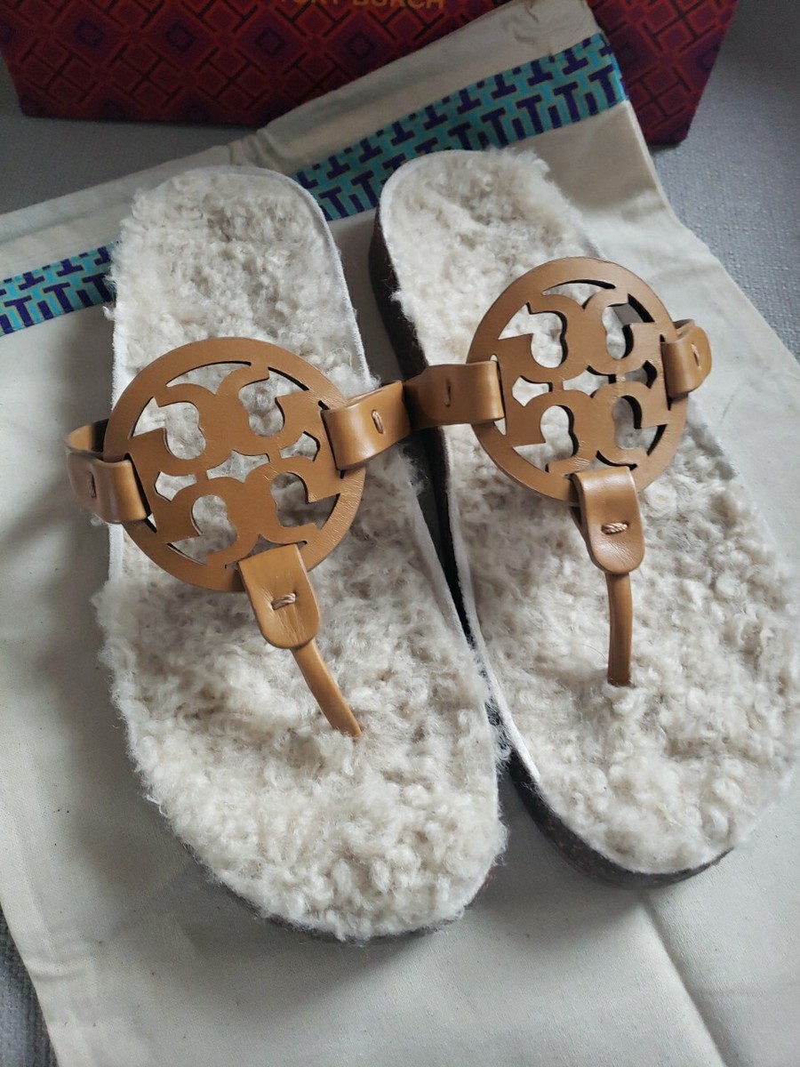 Tory Burch MILLER CLOUD Sandal Cork Shearling Caramel Size (New in Box)  $268