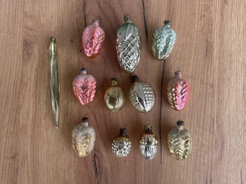 Set vintage Christmas glass toys Soviet Union USSR 1970s 12 pieces Cones lemon