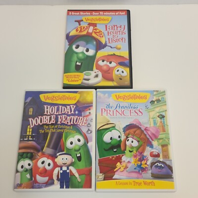 Lot of 3 Veggie Tales DVDs Larry Learns/ Holiday Dbl Feature/ Penniless Princess