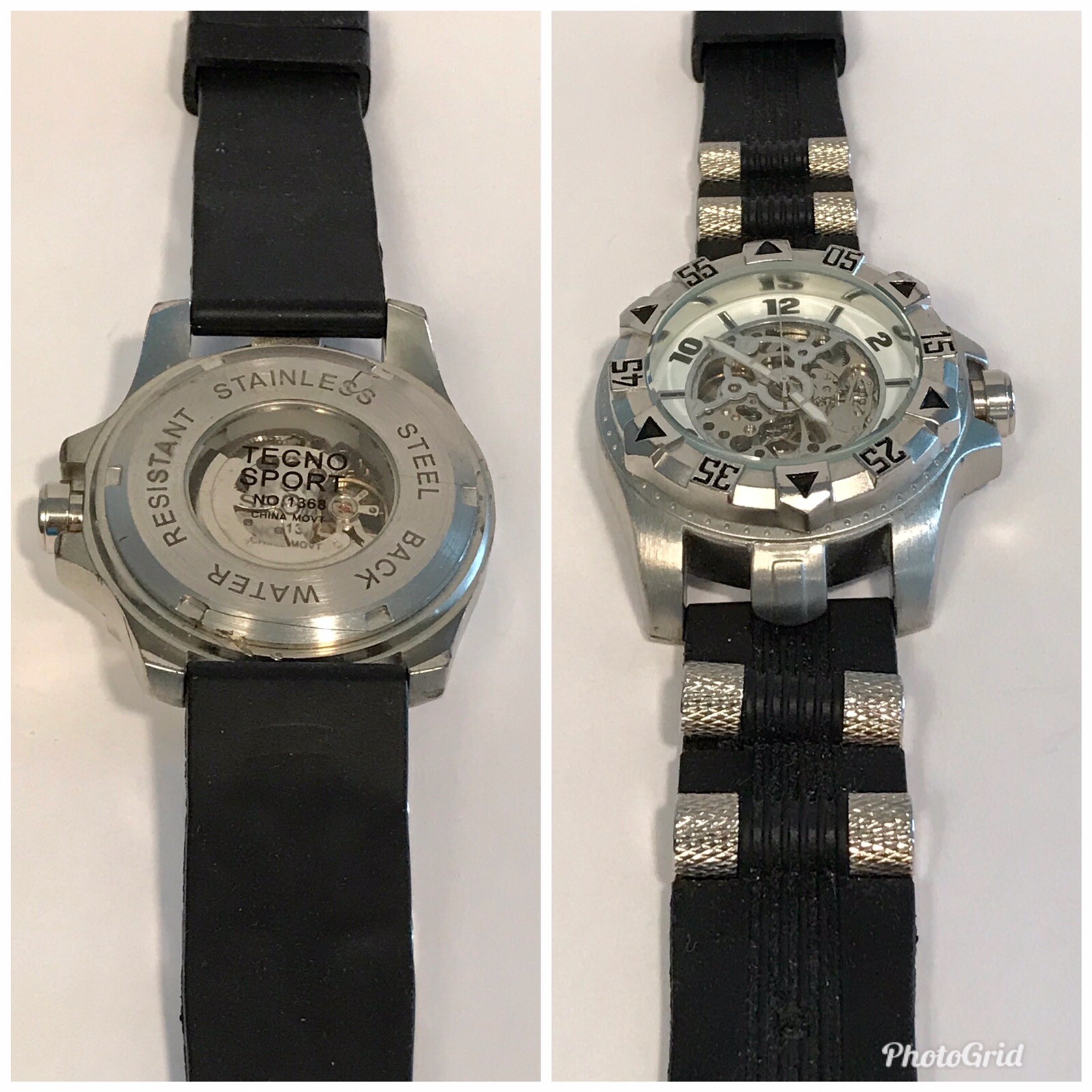 52mmm Auto Fully Skeletonized Black & Silvertone Strap TecnoSport Mens Watch