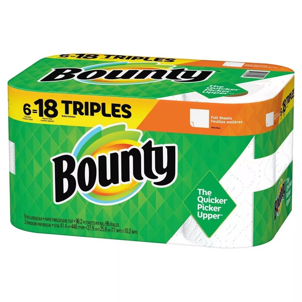 Bounty Full Sheet Paper Towels White 6 Triple Rolls Long-lasting Septic Safe