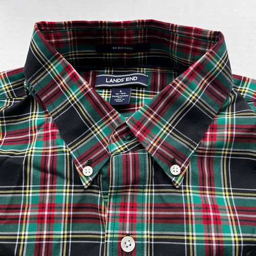 Lands End Button Down Shirt Mens L 16-16.5" No Iron Twill Plaid Tartan Navy Red - Picture 6 of 6
