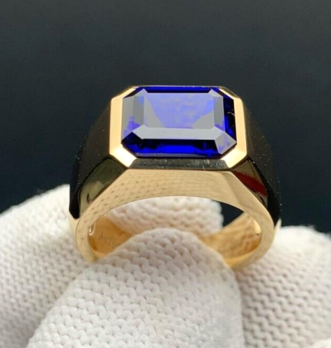 14k Yellow Gold Plated 925 Sterling Silver With Natural Blue Sapphire Men's Ring - Picture 1 of 3