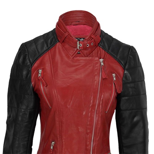 Neuf Femmes Noir Rouge Vintage Souple Véritable Cuir Motard Jacket Taille Ajusté - Picture 2 of 6
