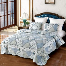 Blue Floral Patchwork Quilt Set, Full Queen Size, 3 Piece Bedding Set with 2 Pil