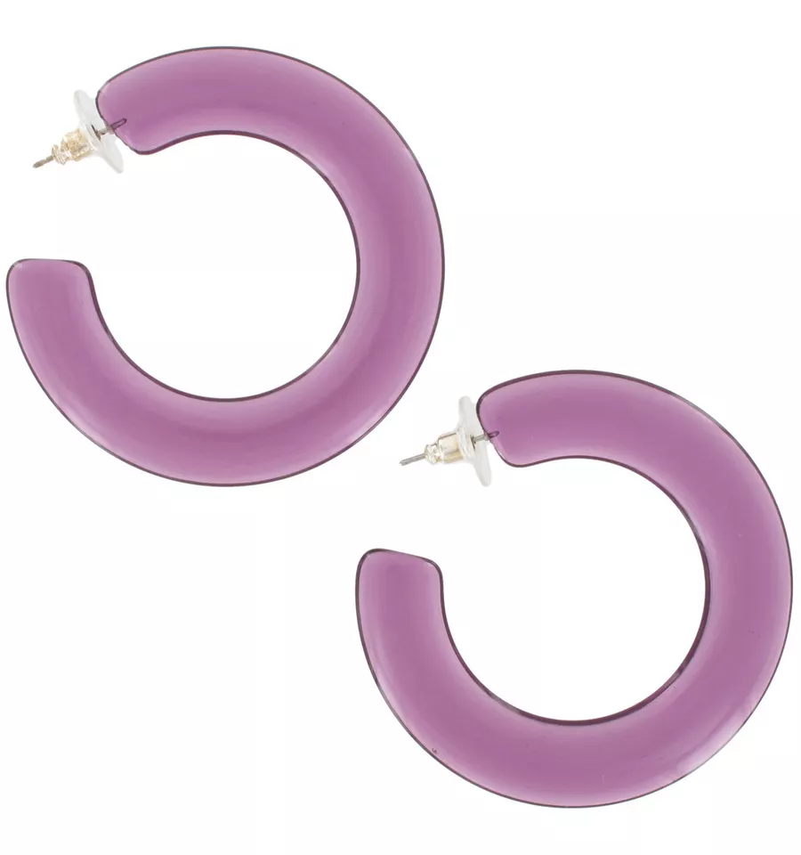 Clear Purple Lucite Earrings Hoop Large Big Bold Statement Wide Flat 2 1/4" - Image 4 of 4