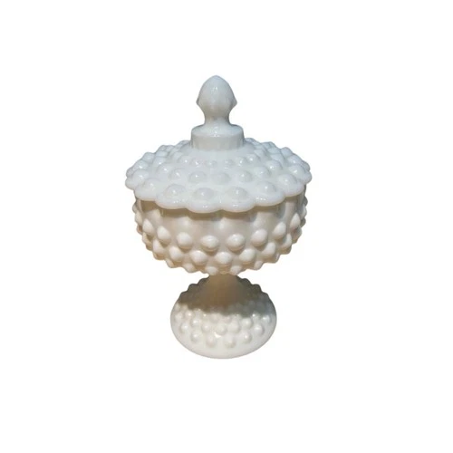Vintage Fenton Lidded Hobnail Milk Glass Candy Dish with Sticker