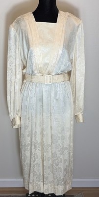 Vintage Howard Lee Ivory Floral Jacquard Dress USA ILGWU Size 14 Long Sleeve