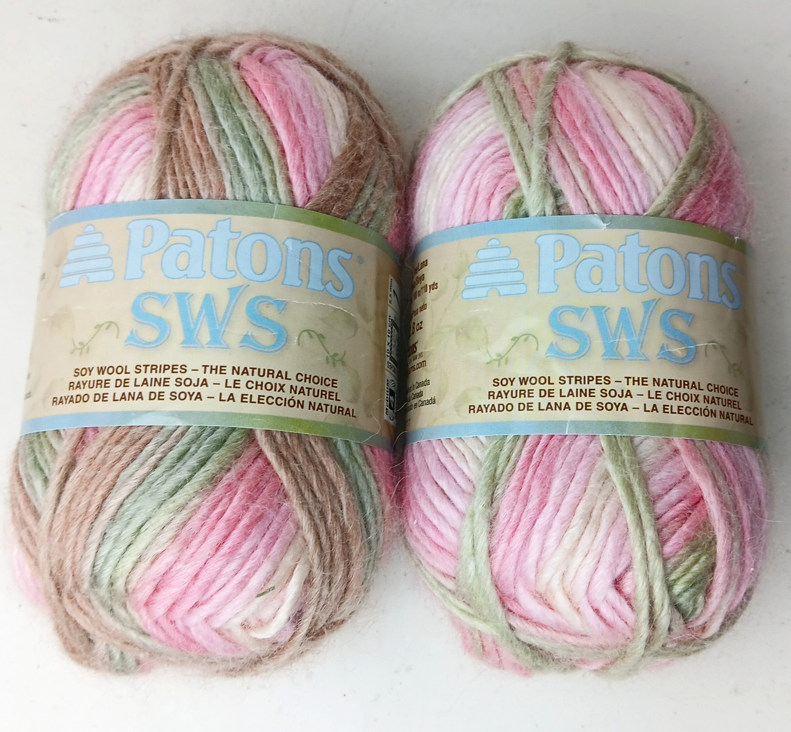 Patons SWS Soy Wool Stripes Yarn Natural Pink Shade Lot 2 Skeins 80 gr