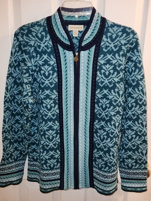 Appleseed's St. Moritz Cardigan Zip Sweater Teal Green Navy Size M