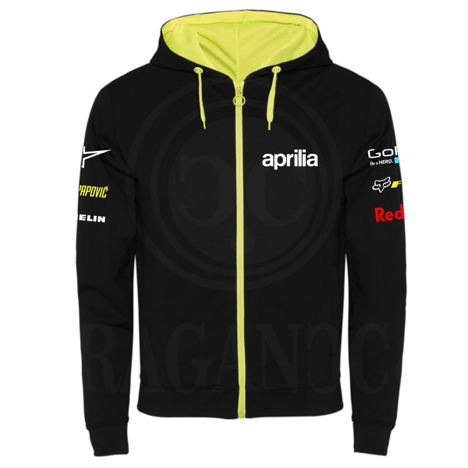 Sudadera Aprilia Racing con cremallera y gorro fluor. motogp motorista, motero