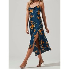 ASTR the Label Gaia Floral Slip Midi Dress with side slip - Navy/Gold - Small