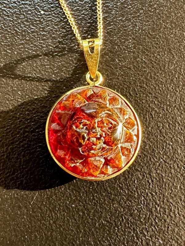 Carved Amber Sun Pendant 18K Gold Antique Celestial Necklace