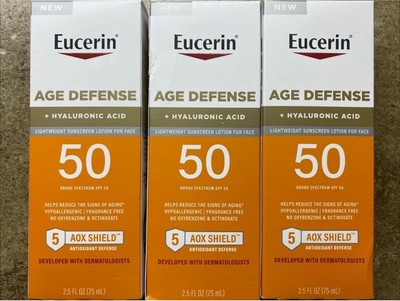 3 PACK Eucerin Age Defense SPF 50 Face Sunscreen Hyaluronic Acid 2.5OZ