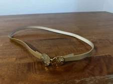 Vintage Women’s Light Brown Narrow Leather Belt XS Gold Tone Sand Dollar
