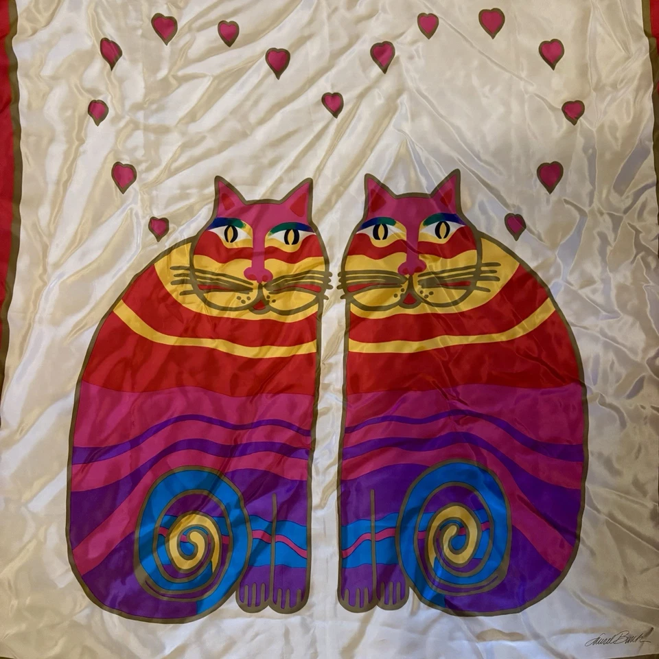 Laurel Burch Caprichoso Gatito Gato Par Corazones Blanco Felino Seda Bufanda Cuadrada 33” Foto 2 de 4