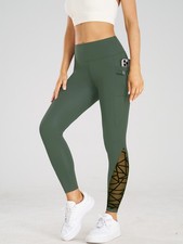 Women Fitness Leggings Two Side Pocket Gym Lace High Waist Stretch Yoga Pants 