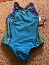 Speedo Girls One-Piece Swimsuit Size 12 Mesh Splice Cyan Blue Thick Strap  42.